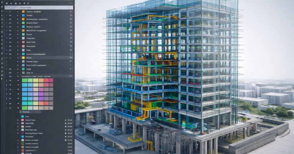 BIM in architecture showing digital building model with structure, MEP and materials