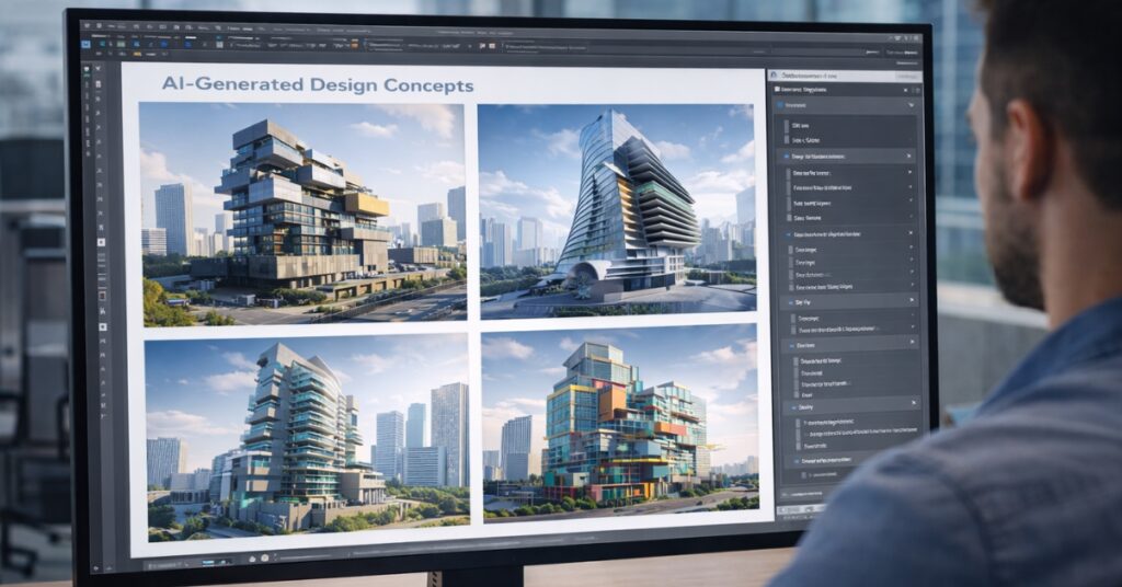 AI in architecture generating multiple design concepts for modern building forms