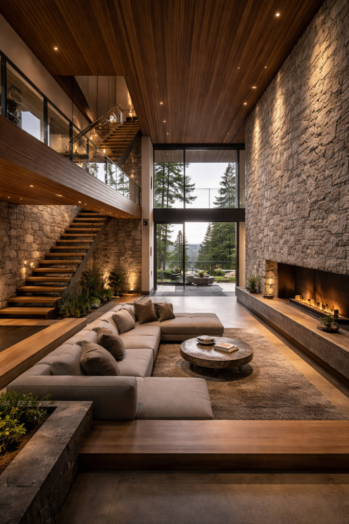 Luxury vacation home interior using natural materials and light to create architectural ESCAPE