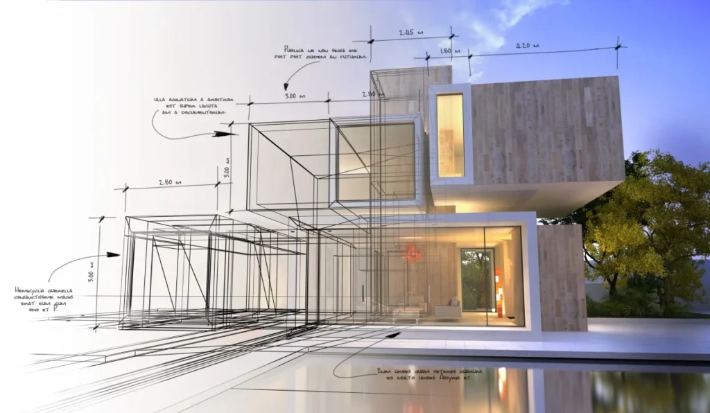 Architecture vs interior design comparison showing architect reviewing building plans and designer styling a modern living room
