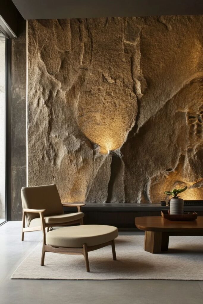 Luxury home architecture materials including natural stone, warm wood, textured plaster, and bronze detailing in contemporary residential design
