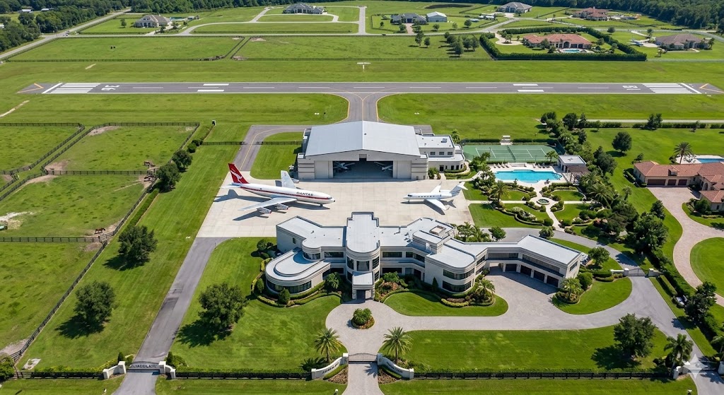 Landscape view of John Travolta house in Florida showing open lawns, private runway, and aviation estate planning