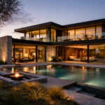 Transformative luxury home architecture exterior featuring modern minimalist design, glass walls, natural stone, warm lighting, and indoor-outdoor living