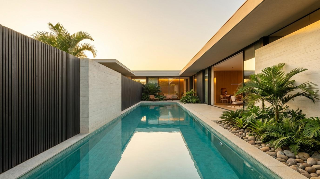 Private luxury courtyard home with modern architecture, landscaped screening, pool, and serene residential design