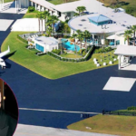 Aerial view of John Travolta house at Jumbolair Aviation Estates featuring private runway and airplane hangar in Florida