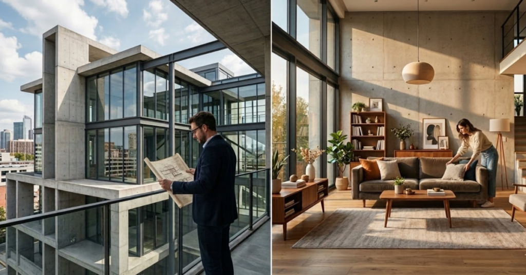 Architecture vs interior design comparison showing architect reviewing building plans and designer styling a modern living room