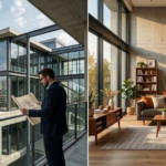 Architecture vs interior design comparison showing architect reviewing building plans and designer styling a modern living room