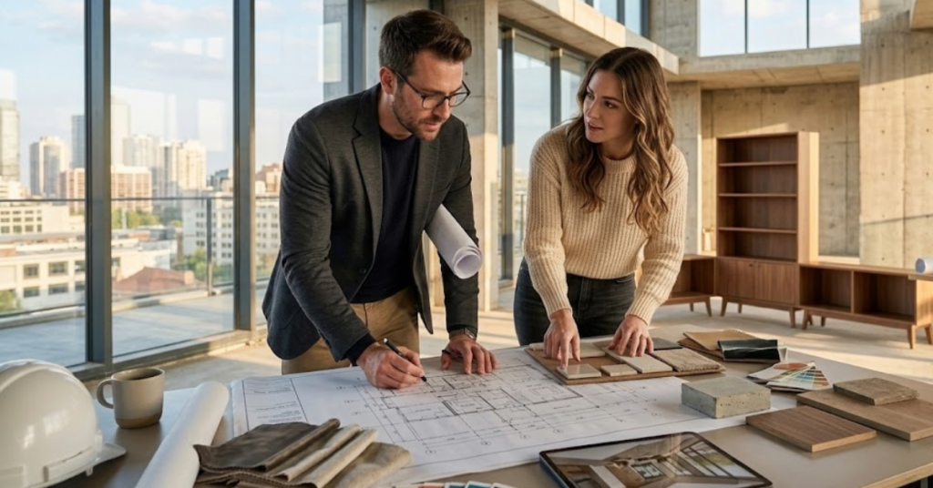 Architect and interior designer collaborating on spatial planning and interior layout