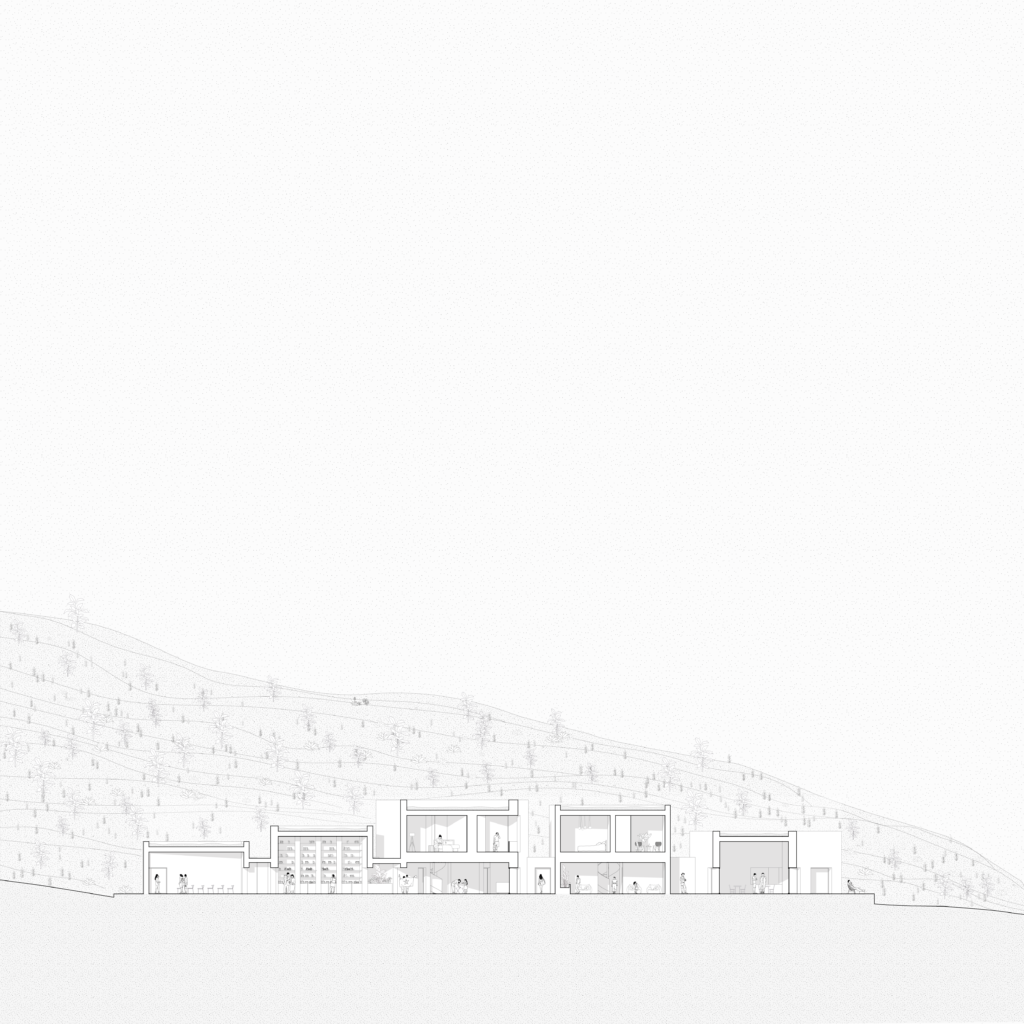 Architectural section of Camel Cave Visitors Center showing interior heights, framed openings, and the building’s relationship to the mountain slope.