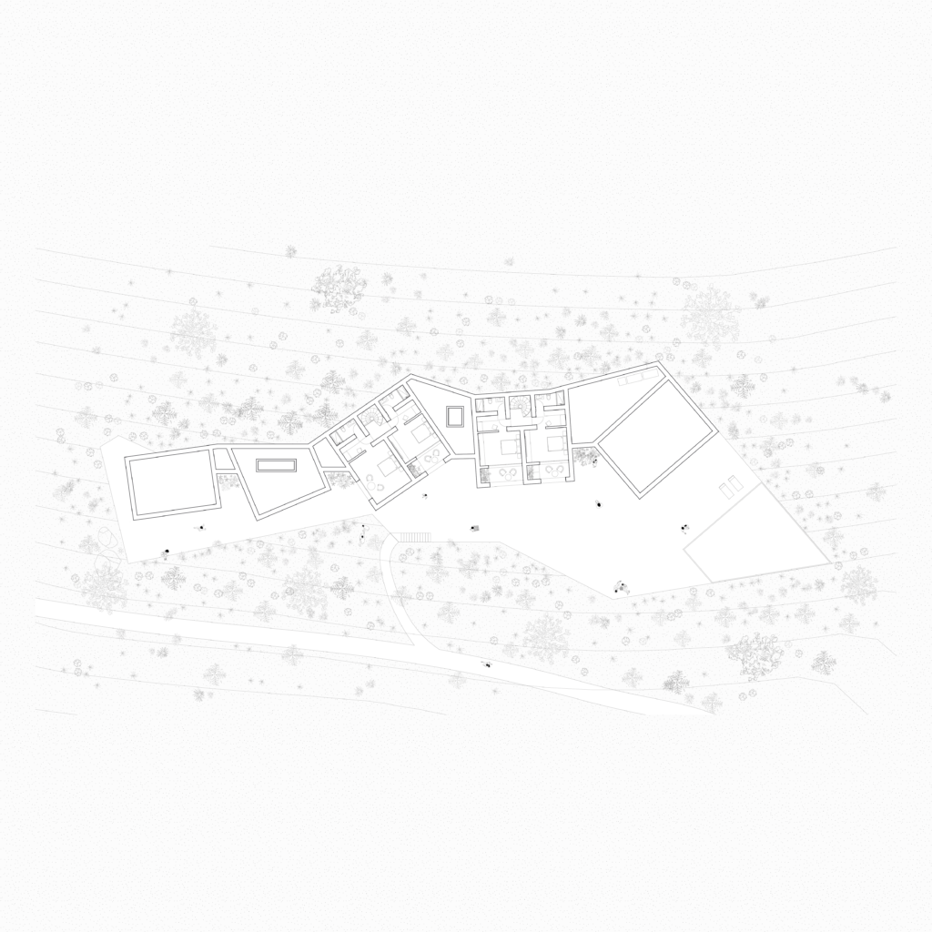 Upper-level plan of Camel Cave Visitors Center showing the organization of enclosed spaces, terraces, and circulation.