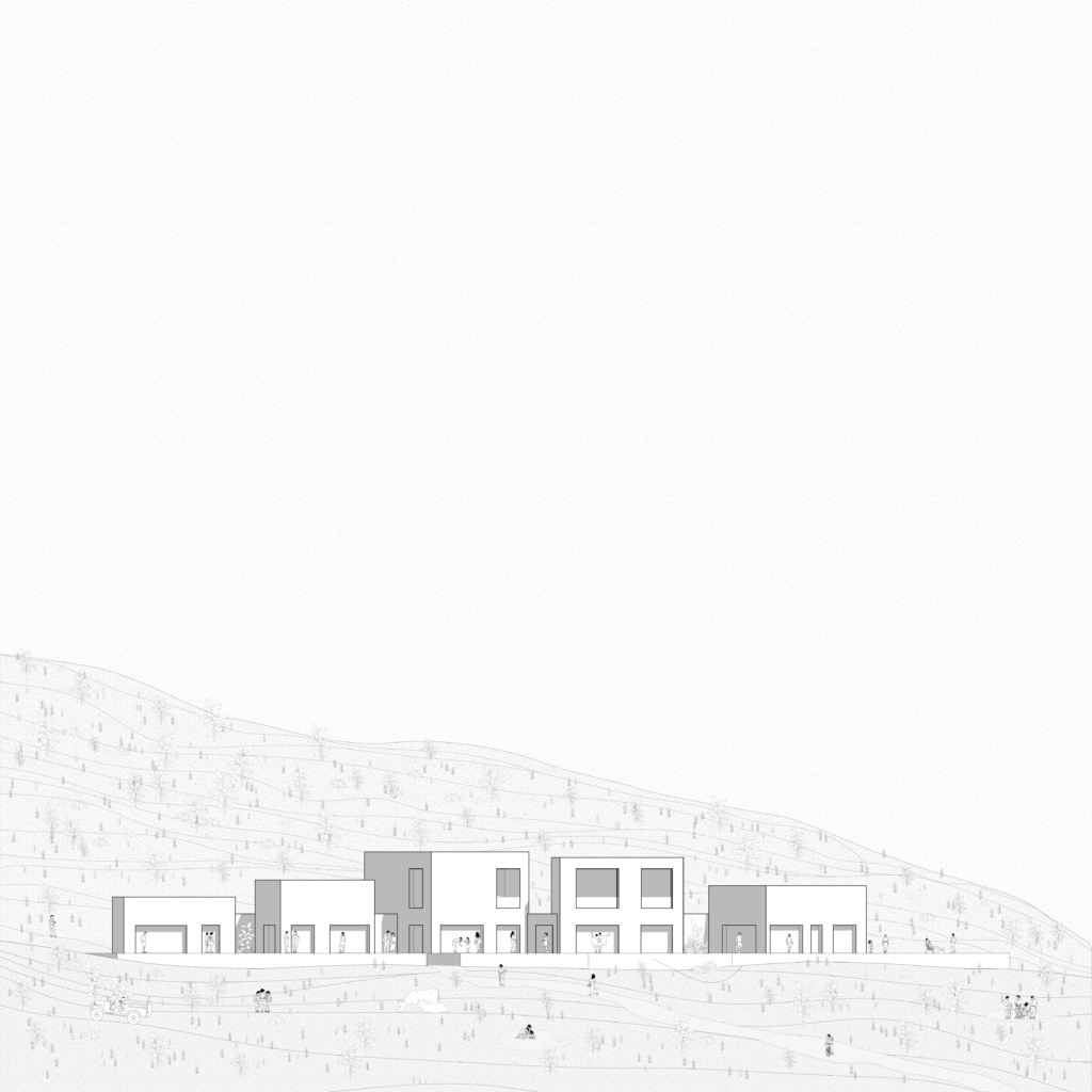 Architectural elevation of Camel Cave Visitors Center revealing varied heights and fragmented massing.