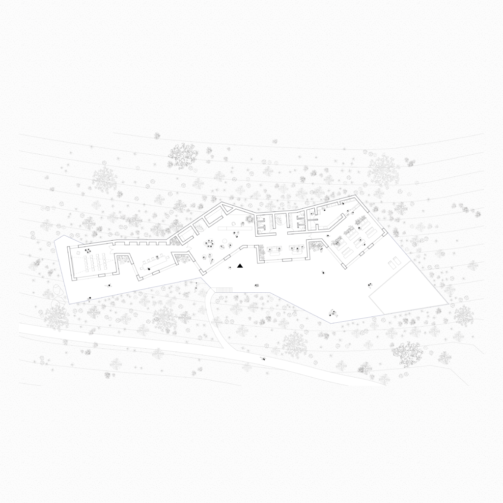Ground floor plan of Camel Cave Visitors Center showing how visitor and research functions are organized within one architectural framework.
