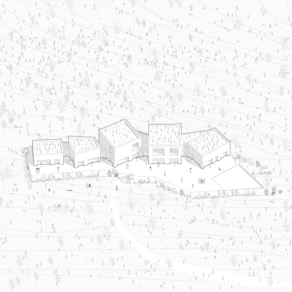 Axonometric drawing of Camel Cave Visitors Center showing clustered volumes embedded in the mountainous site.