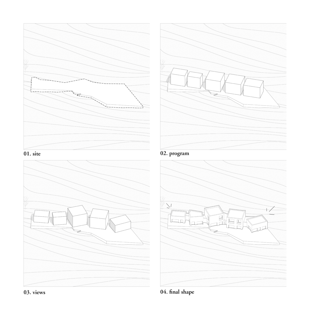 Concept diagrams showing site response, volumetric arrangement, view orientation, and final form of Camel Cave Visitors Center.