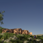 Camel Cave Visitors Center emerging from the Berkane mountain landscape through earth-toned monolithic volumes.