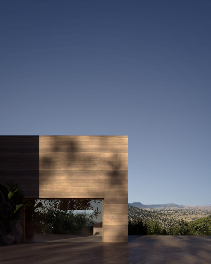 Rammed earth façade with a large opening framing the distant Berkane landscape.