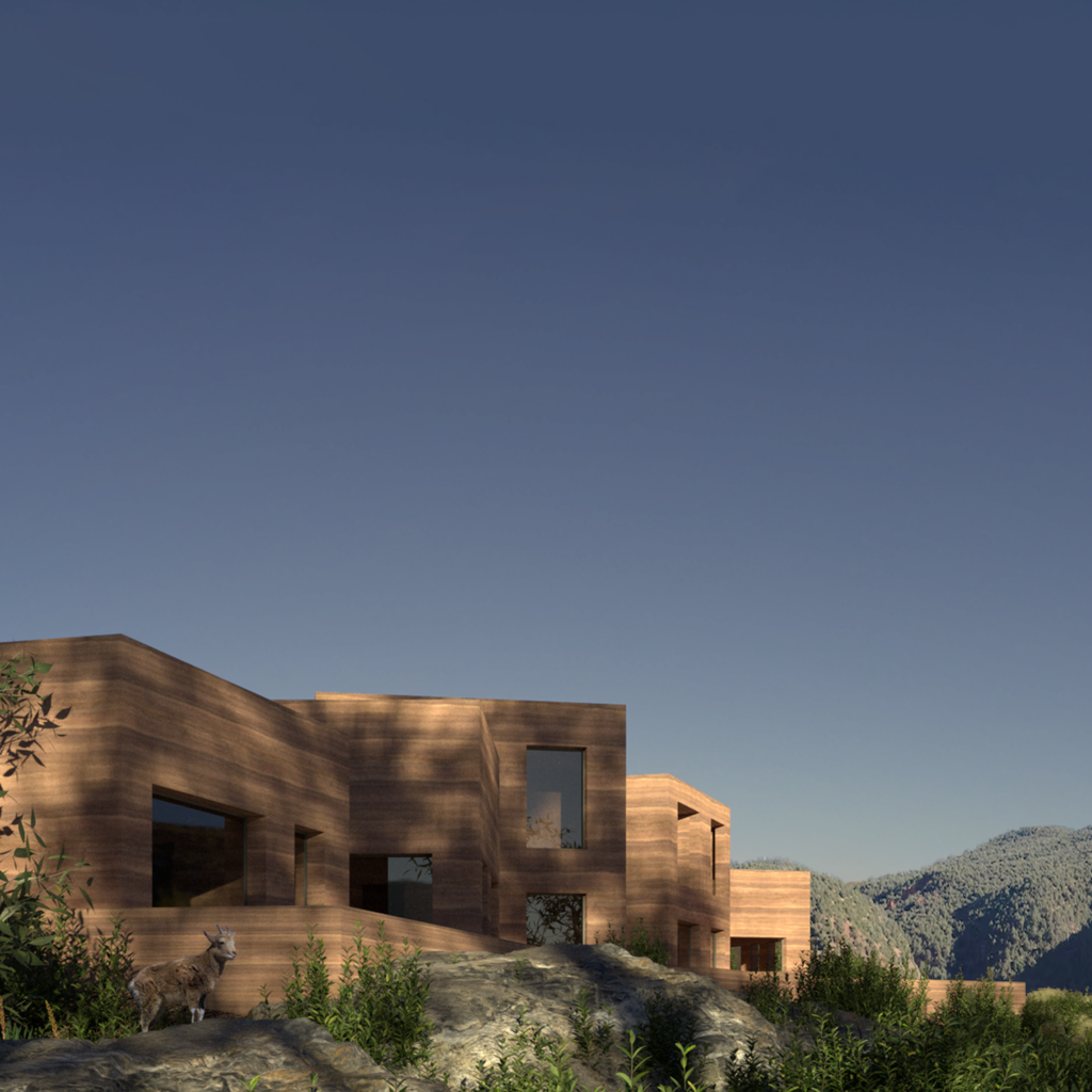 Camel Cave Visitors Center set against the Berkane mountain terrain with rammed earth volumes and framed openings.