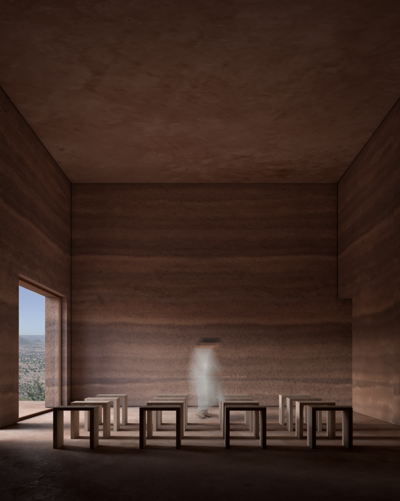 Camel Cave Visitors Center interior with low seating, soft daylight, and a framed mountain opening.