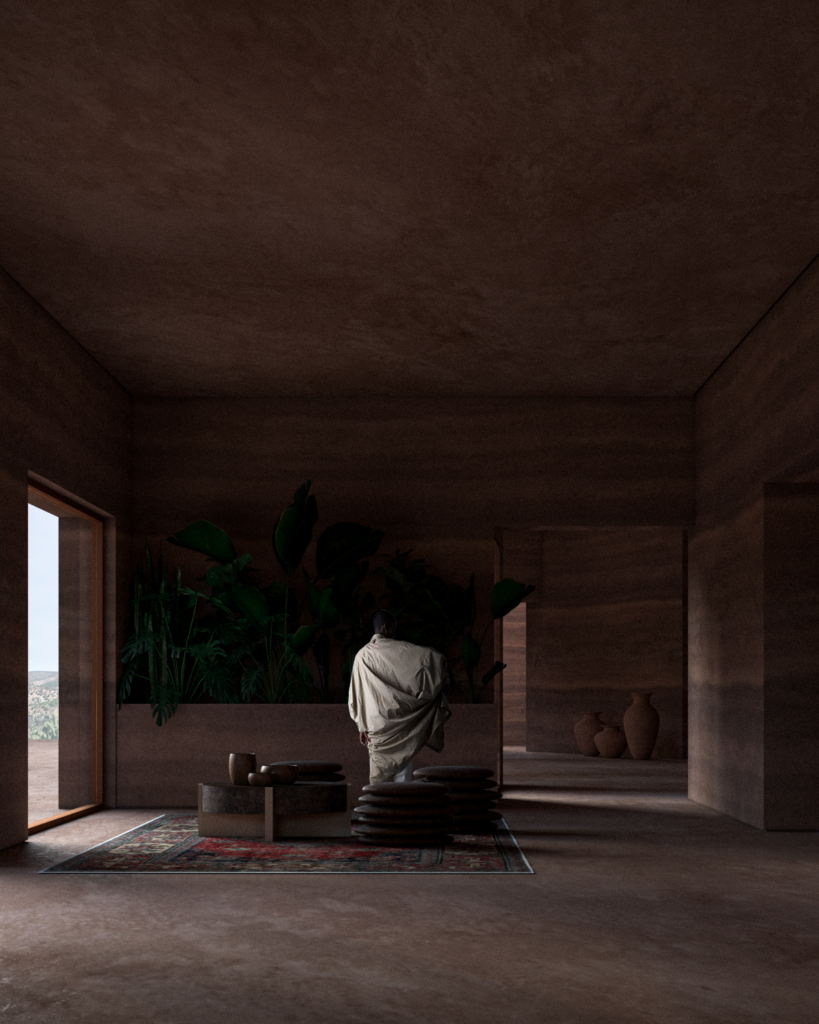 Warm interior lounge at Camel Cave Visitors Center with earthy walls, natural textures, and a contemplative atmosphere.