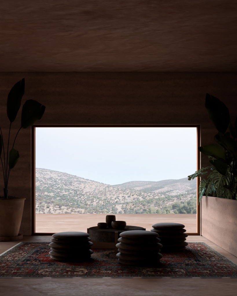 Low seating area inside Camel Cave Visitors Center facing a panoramic landscape opening.