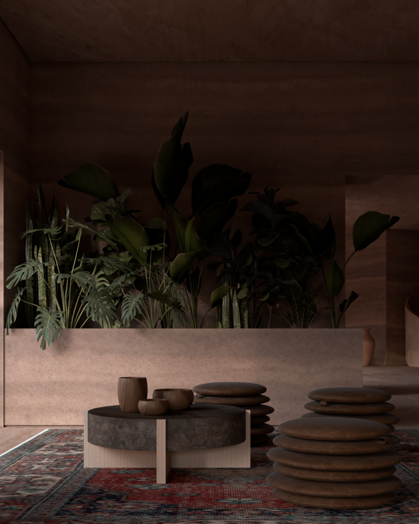 Intimate interior view at Camel Cave Visitors Center with low seating, earthy textures, and a calm reflective atmosphere.