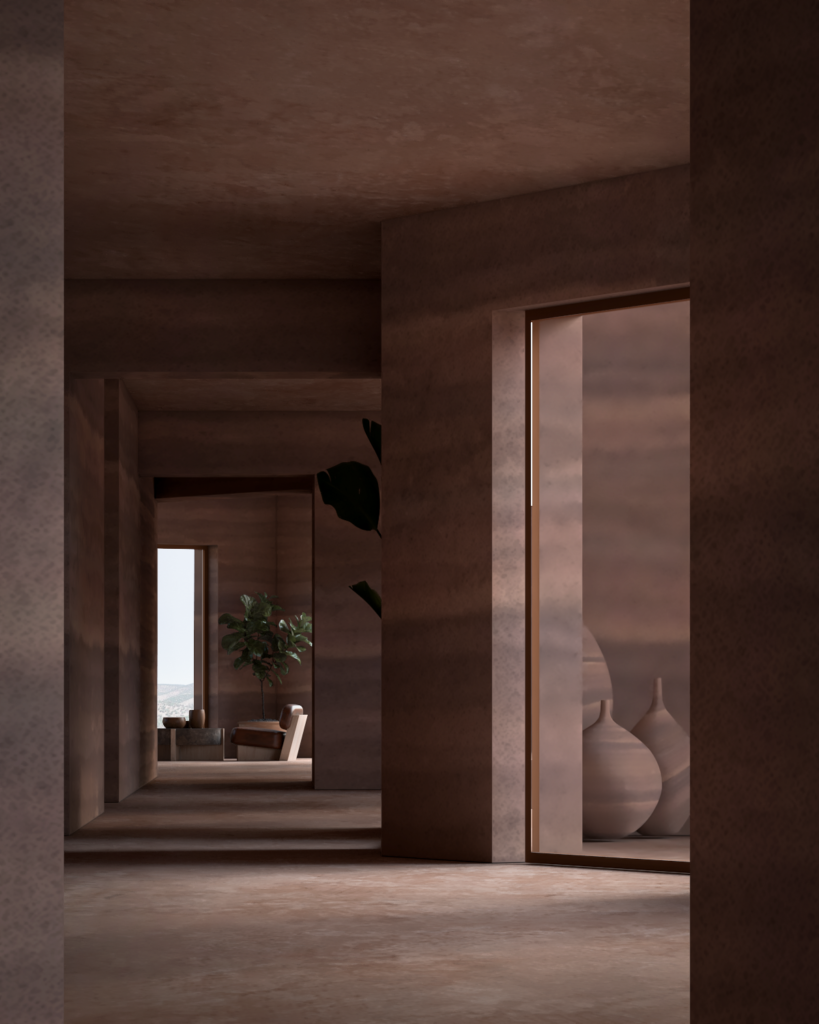 Interior corridor at Camel Cave Visitors Center defined by earthy surfaces, framed openings, and textured material depth.