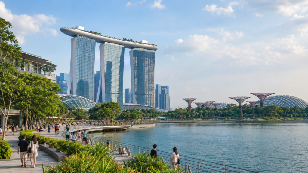 gardens, water and skyline views of Marina Bay