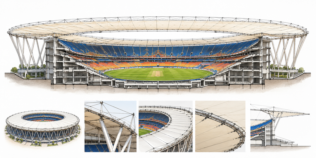 Architectural illustration of Narendra Modi Stadium showing its circular seating bowl, tensile roof, structural supports and stadium infrastructure